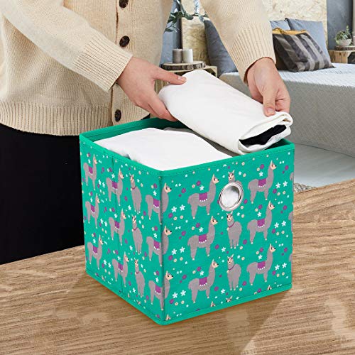 i BKGOO Foldable Storage Cube Drawer Bins Set of 4 Collapsible Fabric Storage Boxes with Round Metal Grommets for Organizing Shelf Nursery Home Closet Green, 10x10x10 inch