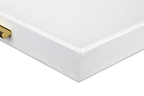 HofferRuffer Extra Large Serving Tray with Handles, Elegant Faux Leather Storage Decorative Tray for Coffee Table, Ottoman, Console Table (White Tray+Golden Handle)