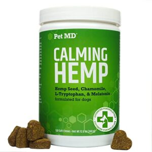 pet md calming chews for dogs - dog calming treats with hemp & melatonin - calming, anxiety relief, & separation relaxant with chamomile & l-tryptophan - 120 ct