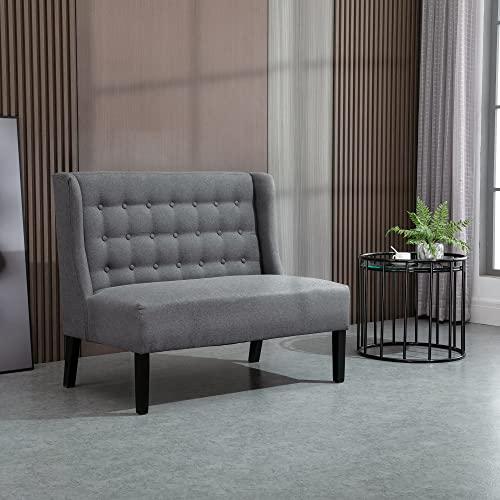 HOMCOM Wingback Double Sofa Linen Fabric Upholstery Button Tufted Loveseat Armless Couch Modern Contemporary Living Room Settee with Wood Legs, Grey