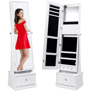 best choice products 360 swivel mirrored jewelry cabinet, full length armoire, led-lit makeup storage organizer w/internal lights, mirror, 3 storage shelves, 3 drawers - white