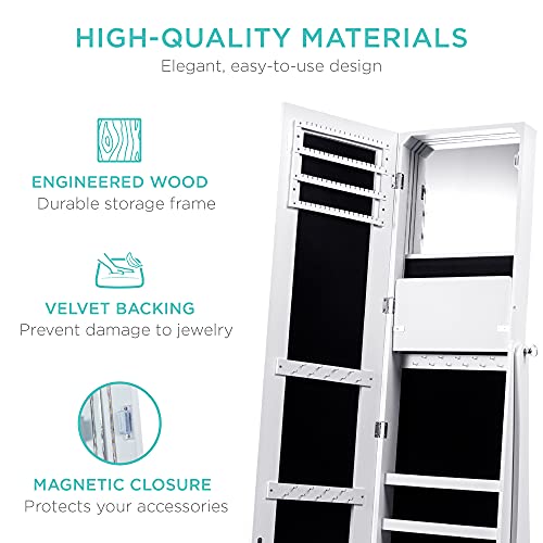 Best Choice Products 360 Swivel Mirrored Jewelry Cabinet, Full Length Armoire, LED-Lit Makeup Storage Organizer w/Internal Lights, Mirror, 3 Storage Shelves, 3 Drawers - White