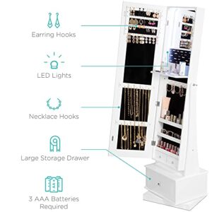 Best Choice Products 360 Swivel Mirrored Jewelry Cabinet, Full Length Armoire, LED-Lit Makeup Storage Organizer w/Internal Lights, Mirror, 3 Storage Shelves, 3 Drawers - White