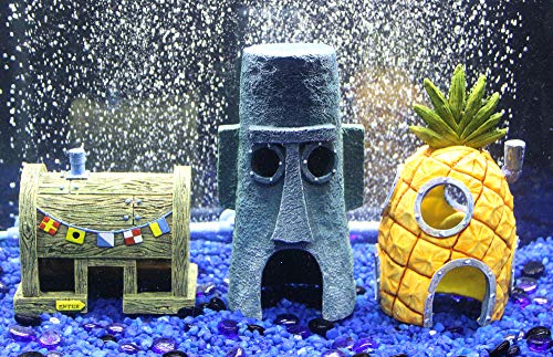 Penn-Plax Spongebob Squarepants Officially Licensed 3-Piece Aquarium Ornament Bundle – Spongebob’s Pineapple House, Squidward’s Easter Island Home, and The Krusty Krab