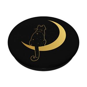 Cat Sitting on the Crescent Moon on Black PopSockets PopGrip: Swappable Grip for Phones & Tablets