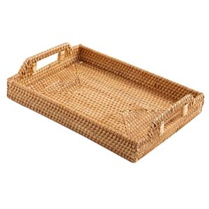 rectangular rattan serving tray with handles, handwoven wicker decorative display serving platters for coffee, breakfast, drinks, snack multi-purpose dining table desktop organiser tray(s)