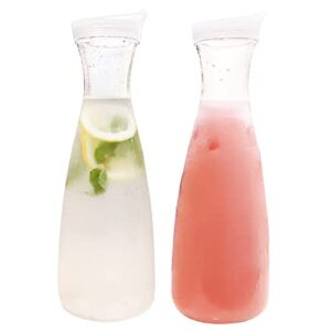 2pcs plastic water pitcher clear juice containers with flip top lids - narrow neck for easy grip wide mouth - juice carafe for iced tea, powdered juice, cold brew, mimosa bar (1550ml / 52.4oz)