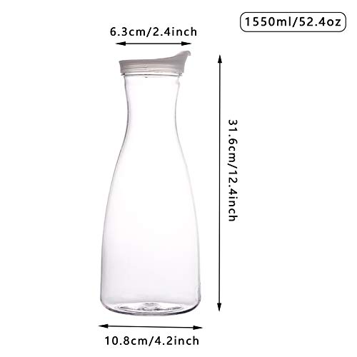 2Pcs Plastic Water Pitcher Clear Juice Containers with Flip Top lids - Narrow Neck for Easy Grip Wide Mouth - Juice carafe for Iced Tea, Powdered Juice, Cold Brew, Mimosa Bar (1550ml / 52.4oz)