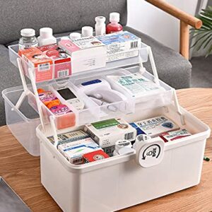 Sooyee Craft Organizers and Storage,Plastic Box with 3-Tier Fold Tray and Handle,Portable Lockable Container for Arts, Crafts,Cosmetic, Sewing, Toy, Washi Tape, Lego,13.4x7.5x8.9 in,Clear/White