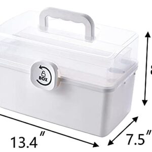 Sooyee Craft Organizers and Storage,Plastic Box with 3-Tier Fold Tray and Handle,Portable Lockable Container for Arts, Crafts,Cosmetic, Sewing, Toy, Washi Tape, Lego,13.4x7.5x8.9 in,Clear/White