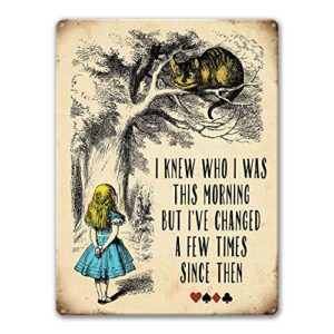 agedsign alice in wonderland poster, vintage metal tin sign i know who i was this morning quotes decor gifts for girls living room party decorations 12" x 8"