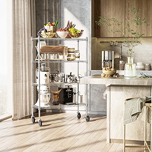 Auslar 4-Shelf Storage Shelves with Casters Heavy Duty 4 Tiers Rolling Cart Utility Racks Adjustable Wire Metal Shelving, Chrome