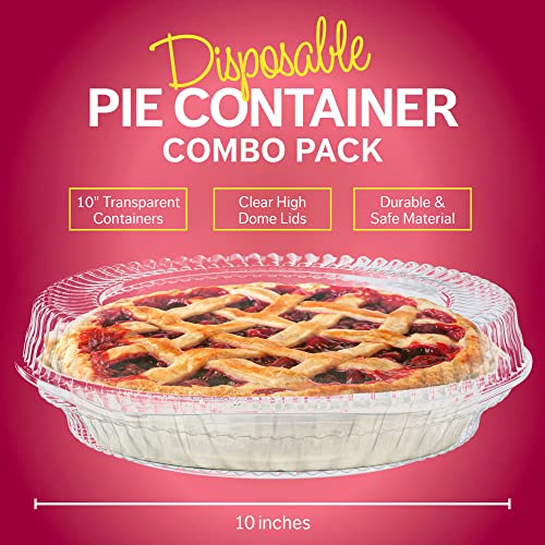 Supellectilem 10" Plastic Disposable Pie Containers with Hinged Locking Lids | 5 Round Pie Keepers/Flan Cake Containers for Transport