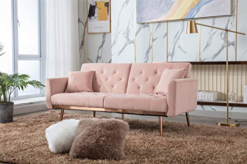 Pannow Velvet Futon Convertible Sofa Bed, Modern Tufted Sleeper Sofa Couch with 2 Pillows & 5 Golden Metal Legs, Adjustable Folding Accent Loveseat Sofa Couch for Living Room