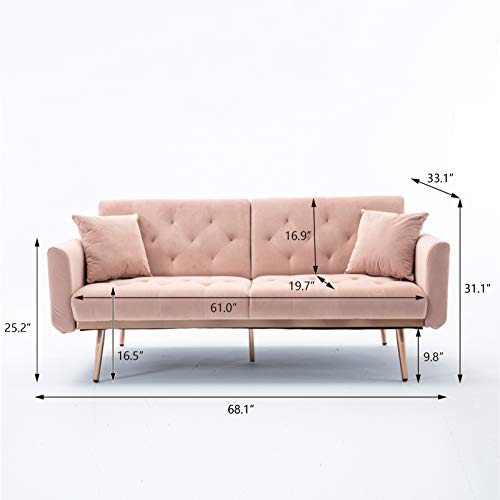 Pannow Velvet Futon Convertible Sofa Bed, Modern Tufted Sleeper Sofa Couch with 2 Pillows & 5 Golden Metal Legs, Adjustable Folding Accent Loveseat Sofa Couch for Living Room