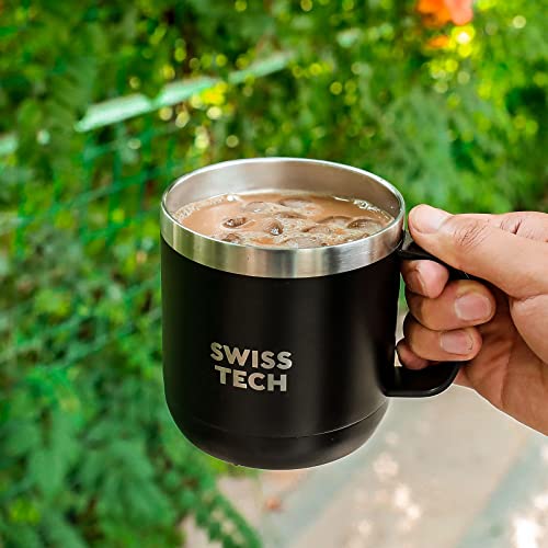 Swiss+Tech 14 oz Coffee Mug, Vacuum Insulated Mug Cup with Lid, Double Wall Stainless Steel Travel Tumbler Cup, Corrosion Resistant, BPA Free (Black)