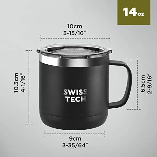 Swiss+Tech 14 oz Coffee Mug, Vacuum Insulated Mug Cup with Lid, Double Wall Stainless Steel Travel Tumbler Cup, Corrosion Resistant, BPA Free (Black)