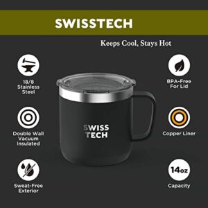 Swiss+Tech 14 oz Coffee Mug, Vacuum Insulated Mug Cup with Lid, Double Wall Stainless Steel Travel Tumbler Cup, Corrosion Resistant, BPA Free (Black)