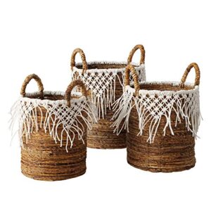 boho romantic lace baskets, set of 3, knotted fringe cotton macrame details, relaxed coastal style, woven chunky banana leaf, thick handles, 21.75, 19.75, and 1