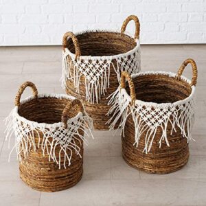 Boho Romantic Lace Baskets, Set of 3, Knotted Fringe Cotton Macrame Details, Relaxed Coastal Style, Woven Chunky Banana Leaf, Thick Handles, 21.75, 19.75, and 1