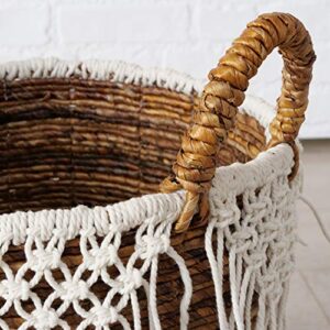 Boho Romantic Lace Baskets, Set of 3, Knotted Fringe Cotton Macrame Details, Relaxed Coastal Style, Woven Chunky Banana Leaf, Thick Handles, 21.75, 19.75, and 1