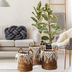 Boho Romantic Lace Baskets, Set of 3, Knotted Fringe Cotton Macrame Details, Relaxed Coastal Style, Woven Chunky Banana Leaf, Thick Handles, 21.75, 19.75, and 1