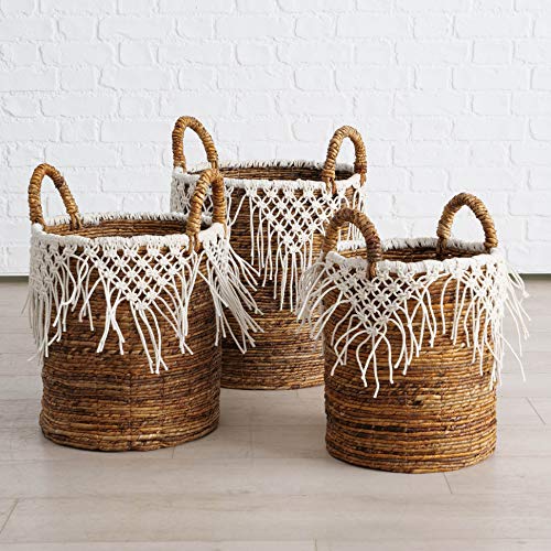 Boho Romantic Lace Baskets, Set of 3, Knotted Fringe Cotton Macrame Details, Relaxed Coastal Style, Woven Chunky Banana Leaf, Thick Handles, 21.75, 19.75, and 1