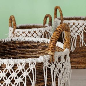 Boho Romantic Lace Baskets, Set of 3, Knotted Fringe Cotton Macrame Details, Relaxed Coastal Style, Woven Chunky Banana Leaf, Thick Handles, 21.75, 19.75, and 1