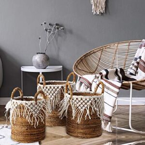 Boho Romantic Lace Baskets, Set of 3, Knotted Fringe Cotton Macrame Details, Relaxed Coastal Style, Woven Chunky Banana Leaf, Thick Handles, 21.75, 19.75, and 1