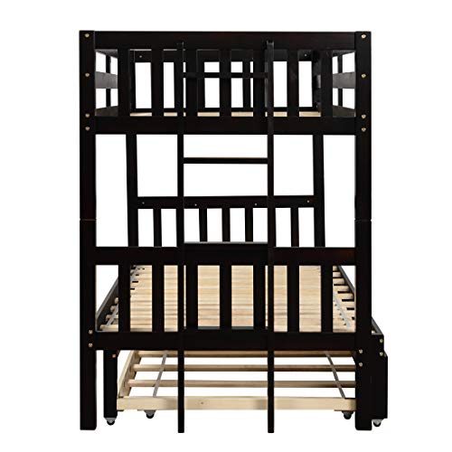 CJLMN Twin Over Twin/King Bunk Beds with Trundle, Wooden Twin Over Twin/Full/Queen/King Bunk Bed, Accommodate 4 People Extendable Bunk Beds with Ladder and Safety Rail for Kids and Teens