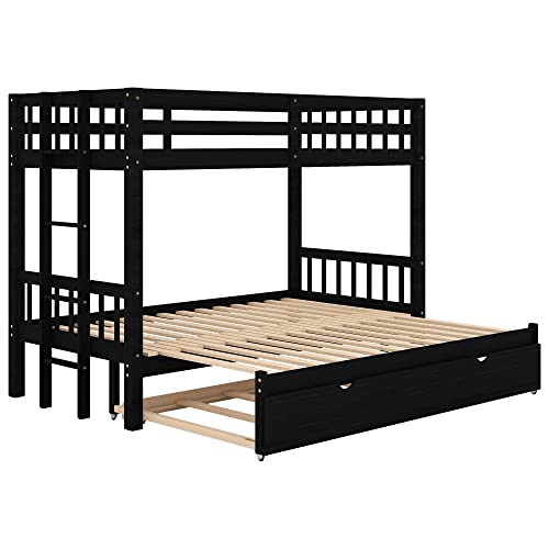 CJLMN Twin Over Twin/King Bunk Beds with Trundle, Wooden Twin Over Twin/Full/Queen/King Bunk Bed, Accommodate 4 People Extendable Bunk Beds with Ladder and Safety Rail for Kids and Teens