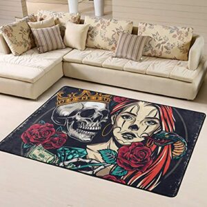 SWEET TANG Soft Modern Vintage Colorful Tattoo Rose Skull Area Rug for Living Room Bedroom Kids Room Rugs for Girls Nursery Home Decor Indoor Carpet, 60x39