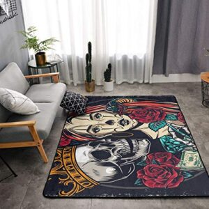 SWEET TANG Soft Modern Vintage Colorful Tattoo Rose Skull Area Rug for Living Room Bedroom Kids Room Rugs for Girls Nursery Home Decor Indoor Carpet, 60x39