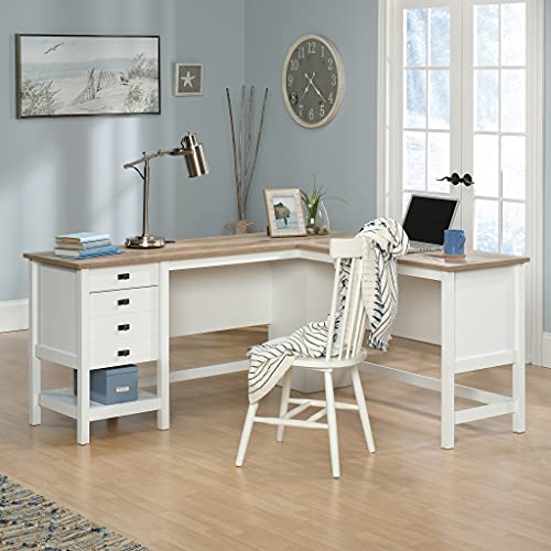 Sauder Cottage Road L-Desk, L: 65.11" x W: 58.66" x H: 29.76", Soft White Finish