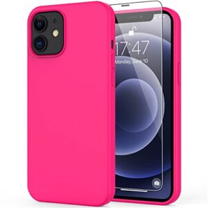 deenakin iphone 12 mini case with screen protector,soft flexible silicone gel rubber bumper cover,slim fit shockproof protective phone case for iphone 12 mini 5.4" hot pink