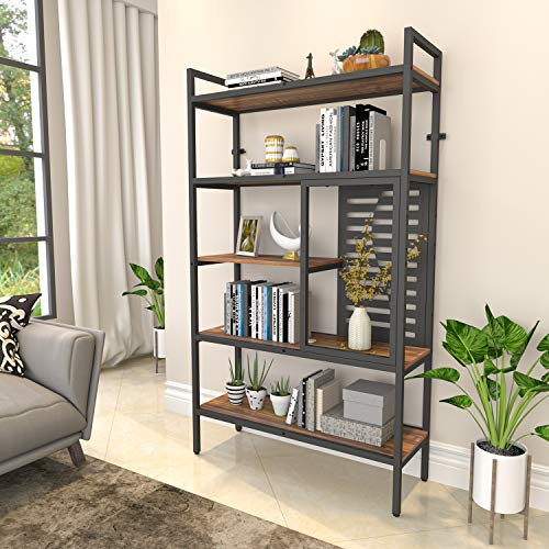 Weehom 5-Tier Adjustable Industrial Bookshelf, Modern Wood Bookcase with Stable Metal Frame, Open Storage Shelves Standing Shelving Unit for Living Room Bedroom Kitchen Office