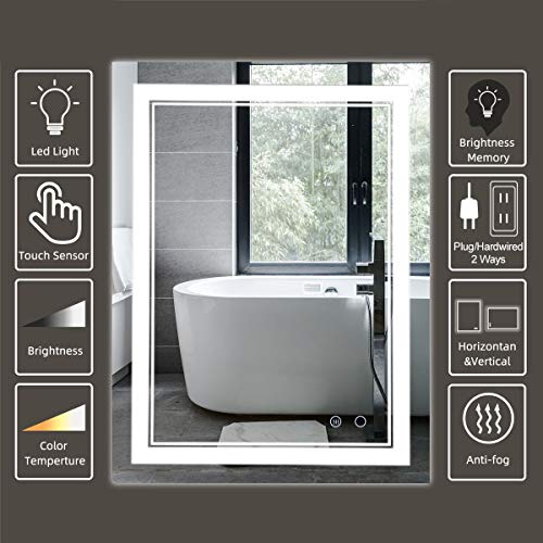 LED Bathroom Mirror Wall-Mounted Vanity Mirror with Anti Fog,Dimmable Waterproof Smart Touch Button Makeup Mirror with Lights Vertical & Horizontal (32x24 Inch)