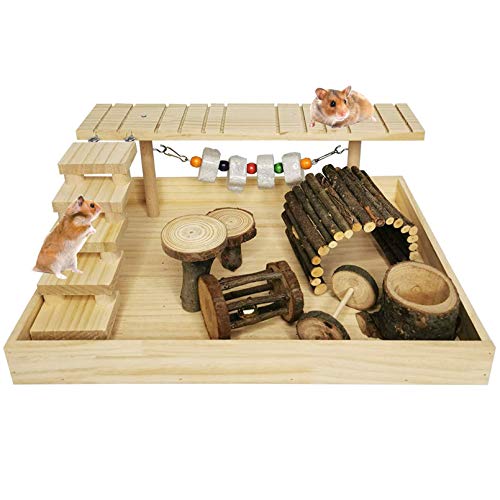 Hamiledyi Dwarf Hamster Activity Playground Natural Wood Gerbil Climbing Platform Mice Living Gym System Set Syrian Exercise Cage Accessories with Lava Stone String Chewing Toy Ladder Bridge Ramp