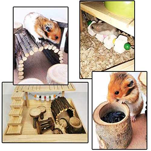 Hamiledyi Dwarf Hamster Activity Playground Natural Wood Gerbil Climbing Platform Mice Living Gym System Set Syrian Exercise Cage Accessories with Lava Stone String Chewing Toy Ladder Bridge Ramp