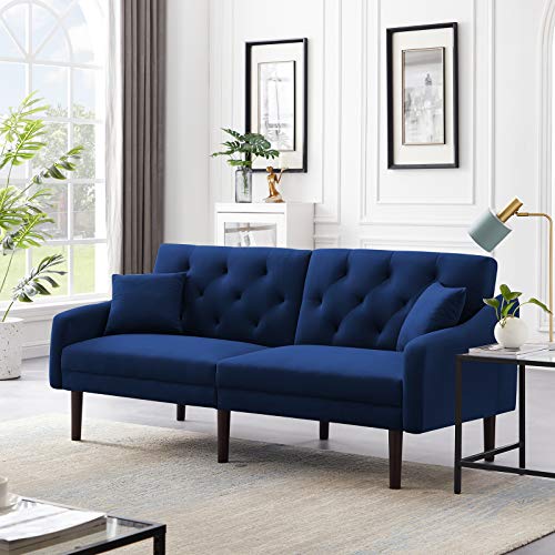 LoLado Futon Sofa Bed Convertible Sleeper Sofa Couch wit Armrests Modern Velvet Sofa Bed for Living Room Office Folding Recliner Futon Couch with Wood Legs (Blue)