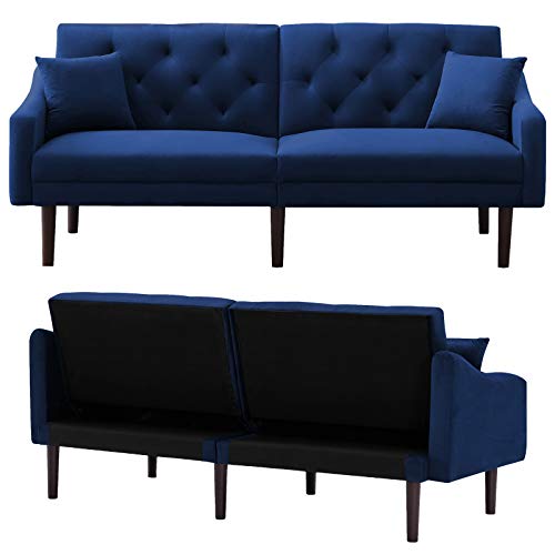 LoLado Futon Sofa Bed Convertible Sleeper Sofa Couch wit Armrests Modern Velvet Sofa Bed for Living Room Office Folding Recliner Futon Couch with Wood Legs (Blue)