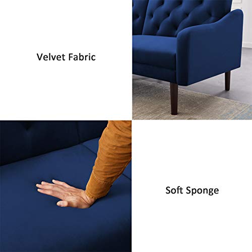 LoLado Futon Sofa Bed Convertible Sleeper Sofa Couch wit Armrests Modern Velvet Sofa Bed for Living Room Office Folding Recliner Futon Couch with Wood Legs (Blue)