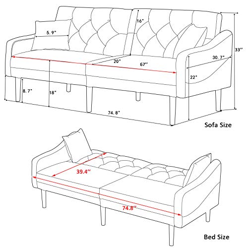 LoLado Futon Sofa Bed Convertible Sleeper Sofa Couch wit Armrests Modern Velvet Sofa Bed for Living Room Office Folding Recliner Futon Couch with Wood Legs (Blue)