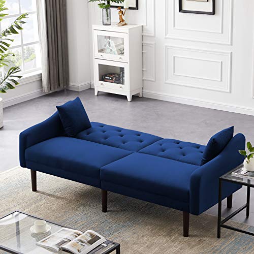 LoLado Futon Sofa Bed Convertible Sleeper Sofa Couch wit Armrests Modern Velvet Sofa Bed for Living Room Office Folding Recliner Futon Couch with Wood Legs (Blue)