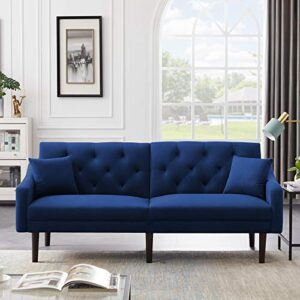 LoLado Futon Sofa Bed Convertible Sleeper Sofa Couch wit Armrests Modern Velvet Sofa Bed for Living Room Office Folding Recliner Futon Couch with Wood Legs (Blue)