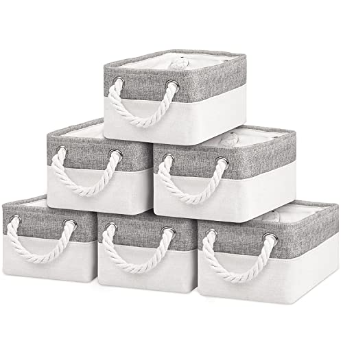 Basket for Organizing Cube Stgorage Bin - Small 6 Pack Fabric Storage Cubes Collapsible Baskets for Shelves with Rope, Bins for Organization Closet Cloth Toy Laundry Canvas (Grey&White 12x8x5.2 inch)