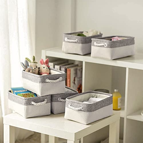 Basket for Organizing Cube Stgorage Bin - Small 6 Pack Fabric Storage Cubes Collapsible Baskets for Shelves with Rope, Bins for Organization Closet Cloth Toy Laundry Canvas (Grey&White 12x8x5.2 inch)