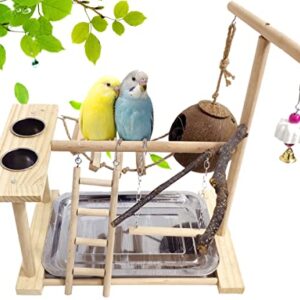 Hamiledyi Bird Playground for Conures Parrot Playstand Cockatiel Play Stand Wood Perch Gym Playpen Ladder Swing Chew Toy with Feeder Cups for Lovebirds Parakeet Cage Accessories Exercise Platform