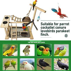 Hamiledyi Bird Playground for Conures Parrot Playstand Cockatiel Play Stand Wood Perch Gym Playpen Ladder Swing Chew Toy with Feeder Cups for Lovebirds Parakeet Cage Accessories Exercise Platform