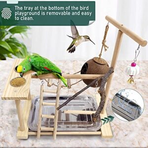 Hamiledyi Bird Playground for Conures Parrot Playstand Cockatiel Play Stand Wood Perch Gym Playpen Ladder Swing Chew Toy with Feeder Cups for Lovebirds Parakeet Cage Accessories Exercise Platform